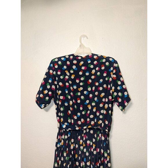 Vintage Women's Abstract Floral Pleated Utility Dress Navy Blue Size 14 - Picture 4 of 15